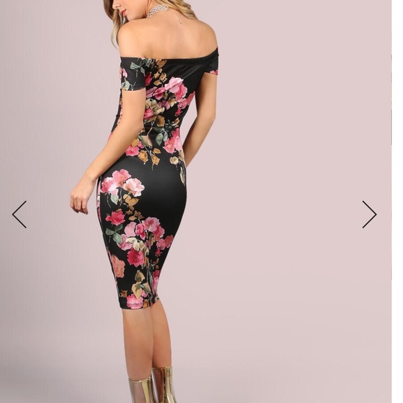 Off Shoulder Floral Bodycon Midi Dress - Picture 2 of 5